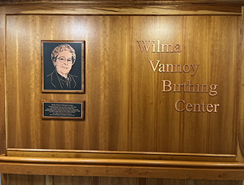 Photo of Wilma Vannoy Birthing Center plaque wall.