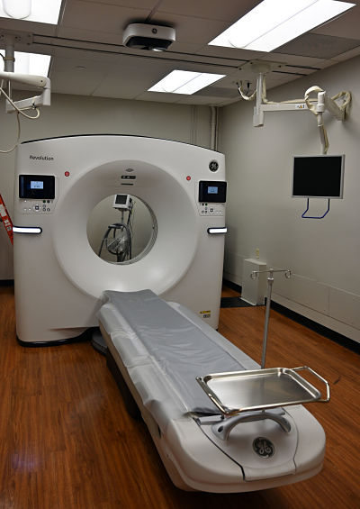 Picture of new imaging equipment (GE 128 Revolution Maxima CT Scanner)