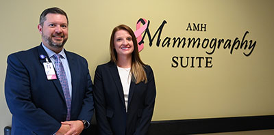 Brian Yates, CEO, Ashe Memorial Hospital and Tasha Rountree, Director of Community Relations, Blue Ridge EnergyPicture of man and woman standing in front of AMH Mammography Suite. They are smiling.
The Blue Ridge Energy Members Foundation, are providing funds to support the purchase of 3D Mammography equipment for Ashe Memorial Hospital.
This equipment gives Ashe County residents access to convenient and potentially life-saving medical services.