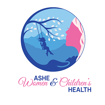 Graphic Icon Picture of a circle with a woman side shot (silhouette) looking at a young girl that is swinging from a tree swing. There is mountains in the background.